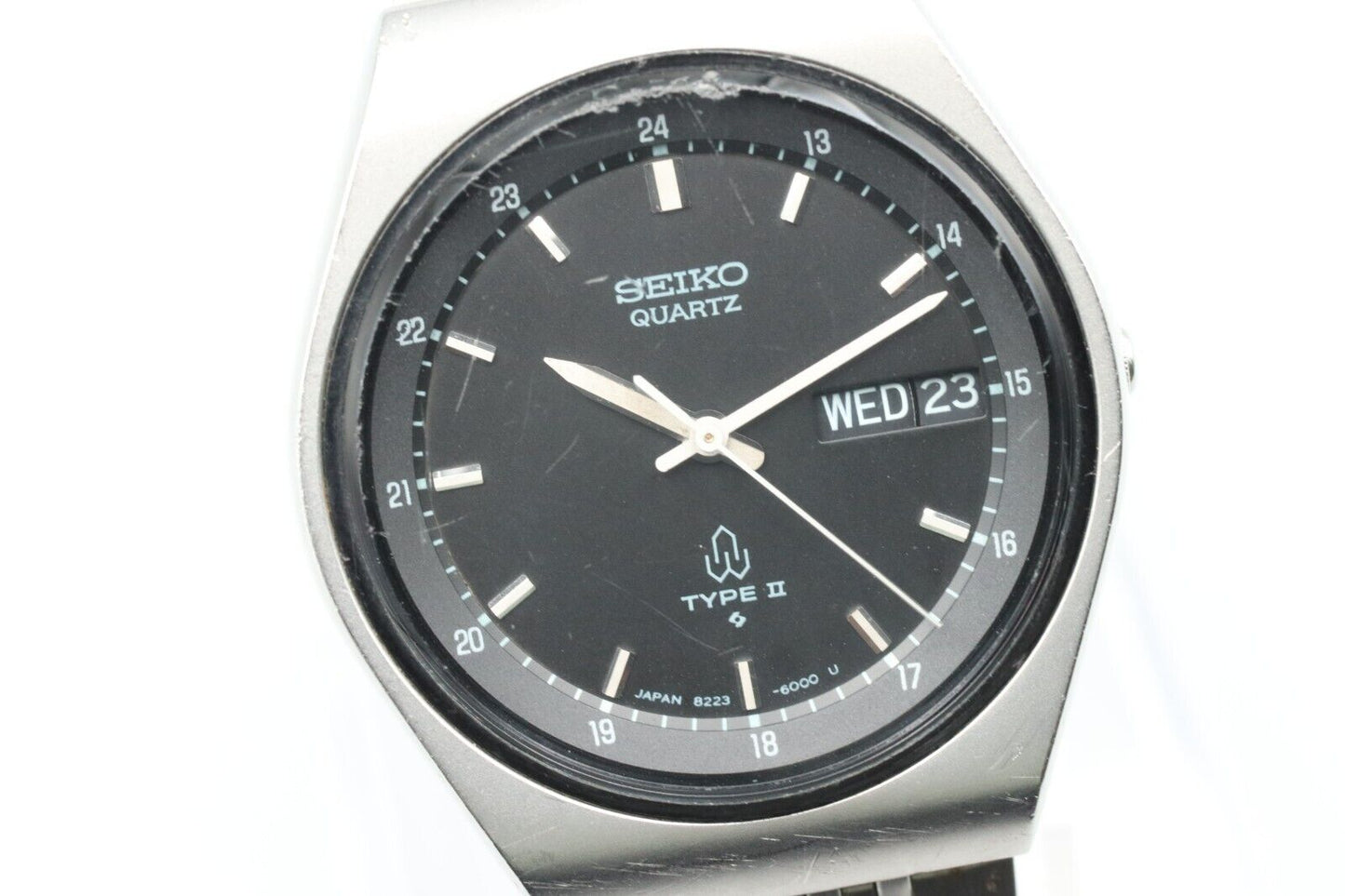 Exc+4 SEIKO 8223-6000 TYPE II Black Dial QUARTZ Day/Date Wristwatch From JAPAN