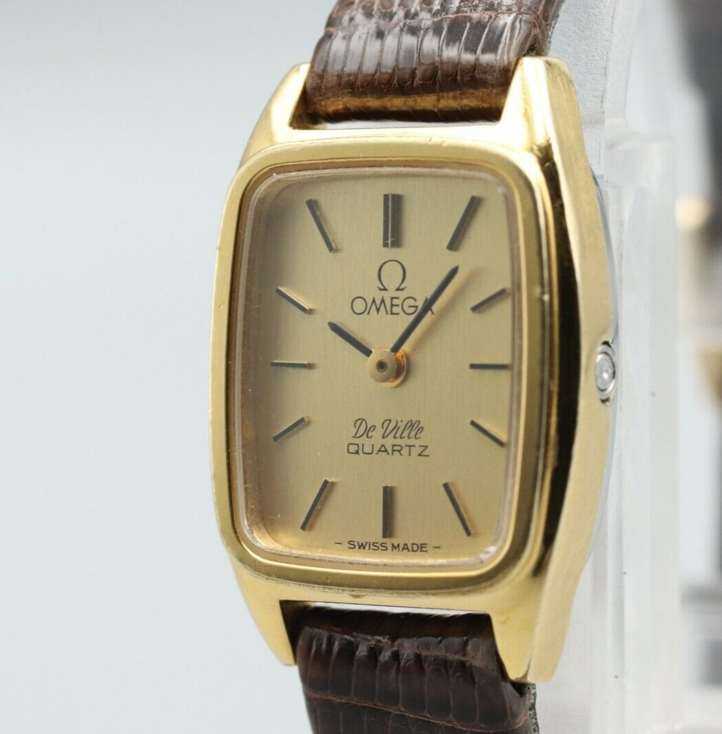 *N MINT* Vintage OMEGA De Ville Cal.1350 Quartz Gold Dial Rectangle Women Watch