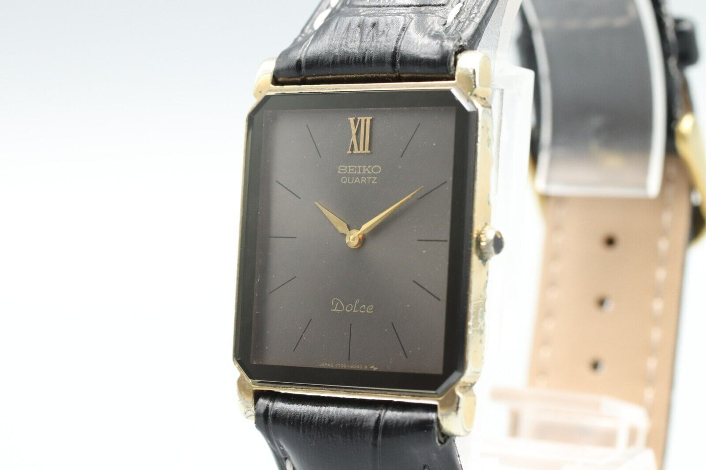 *Exc+5* Vintage SEIKO Dolce 7730-5040 Quartz Black Dial Tank Mens Watch JAPAN