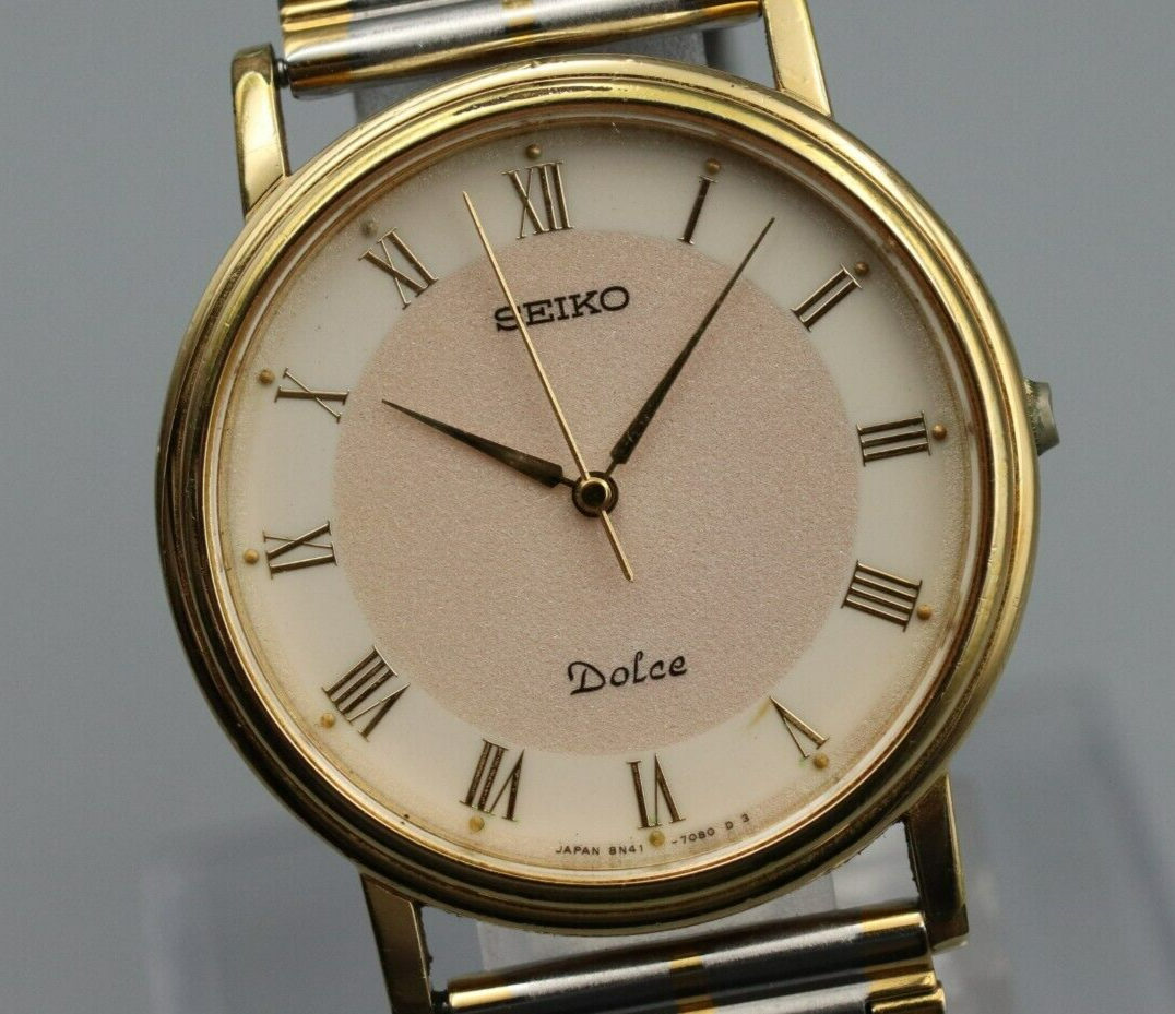New Batt*Exc+5* Vintage SEIKO Dolce 8N41-7030 Quartz White Dial Round Mens Watch