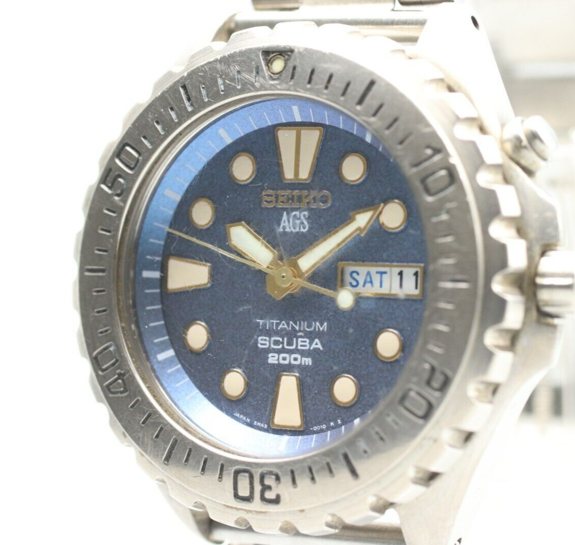 *Exc+4* Vintage SEIKO AGS TITANIUM SCUBA 200m 5M43-0010 Quartz Blue Mens Watch