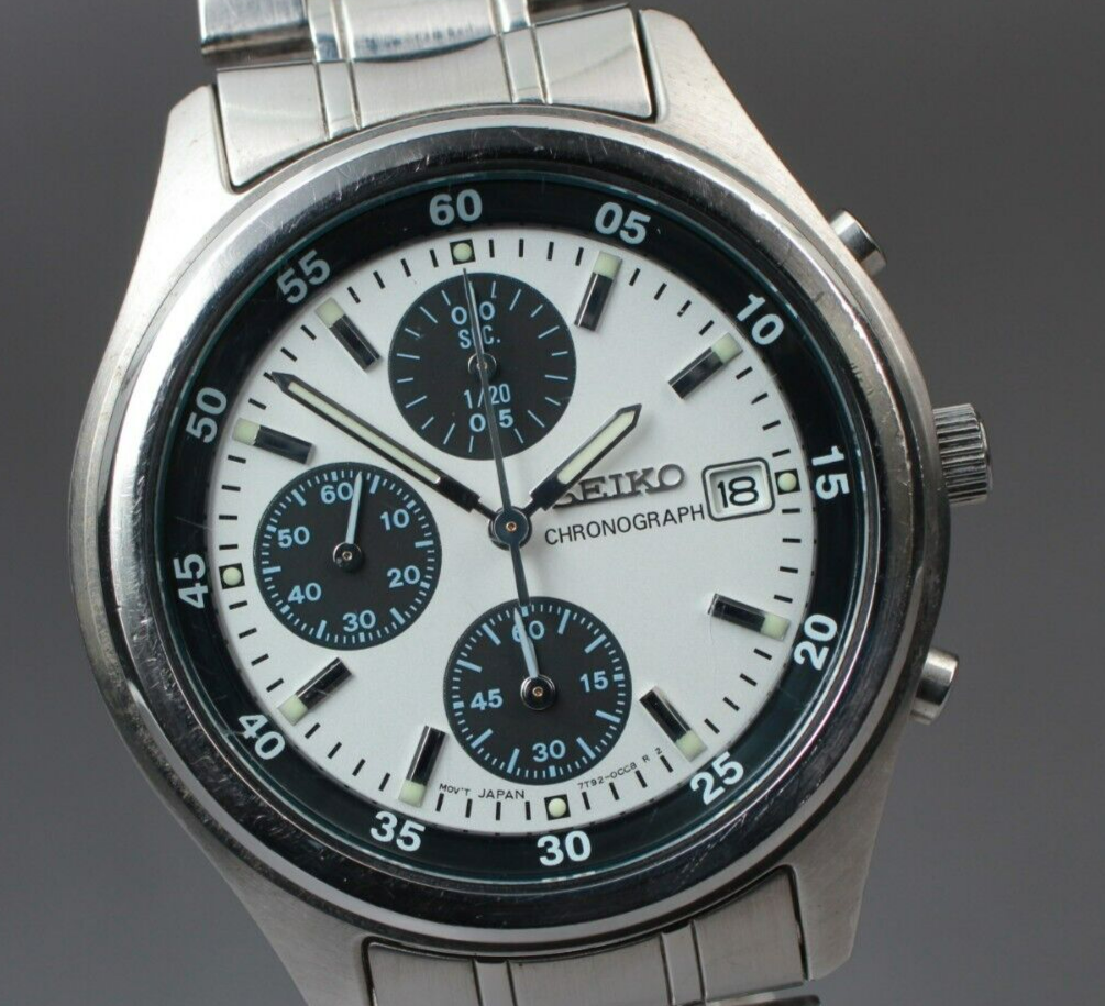 *N MINT* Vintage SEIKO Chronograph 7T92-0CC0 Panda White Dial Quartz Mens Watch