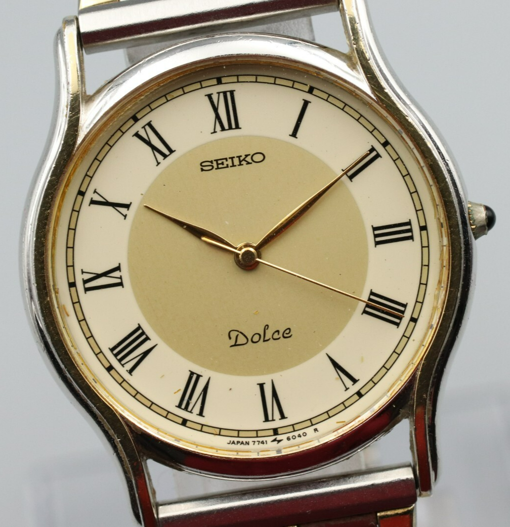 *Exc+5* Vintage 1997/5 SEIKO DOLCE 7741-6030 Quartz Gold Dial Mens Watch JAPAN