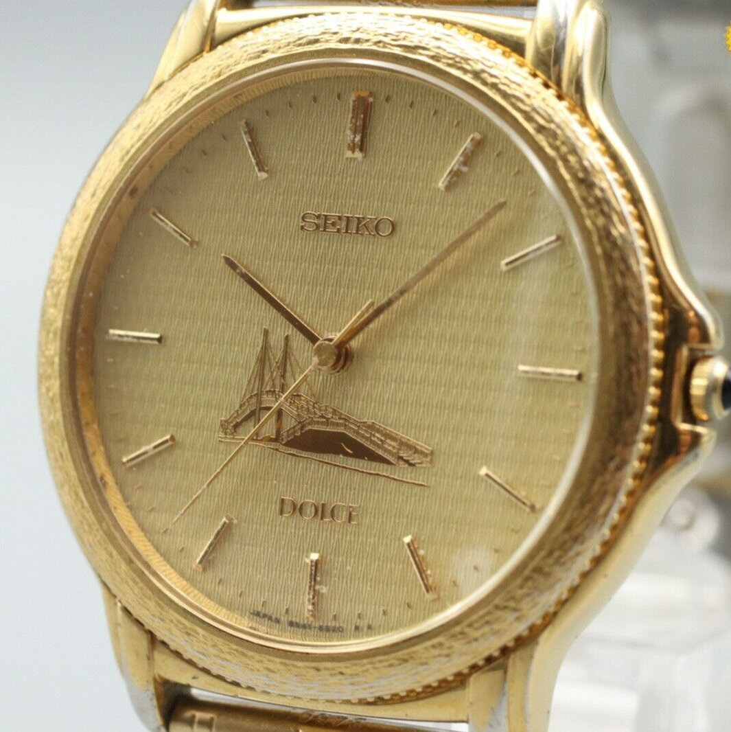 Rare *Exc+5* Vintage SEIKO DOLCE GOLDEN BRIDGE 8N41-6180 Quartz Gold Mens Watch