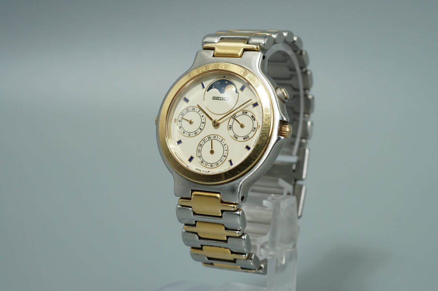 Vintage 1988 SEIKO Presage Moonphase 7F38-6040 Quartz White 35mm Mens Watch