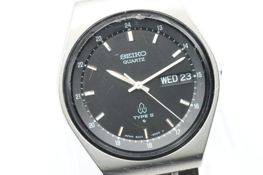 Exc+4 SEIKO 8223-6000 TYPE II Black Dial QUARTZ Day/Date Wristwatch From JAPAN