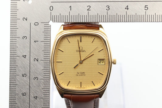 *N MINT* Vintage OMEGA De Ville Cal.1332 Quartz Gold Dial Square 32mm Mens Watch