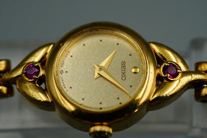 *NEAR MINT* Vintage SEIKO 1E20-0430 Quartz Gold Dial Round 15 mm Women Watch