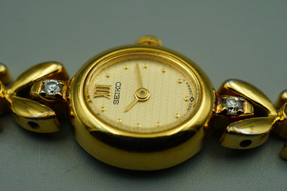 *N MINT* Vintage 1980s SEIKO 8P Diamond 1E20-6050 Qz Gold Round 13mm Women Watch