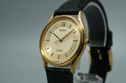 *NEAR MINT* Vintage 1998 SEIKO DOLCE 5E31-6070 Quartz Gold Round 31mm Mens Watch
