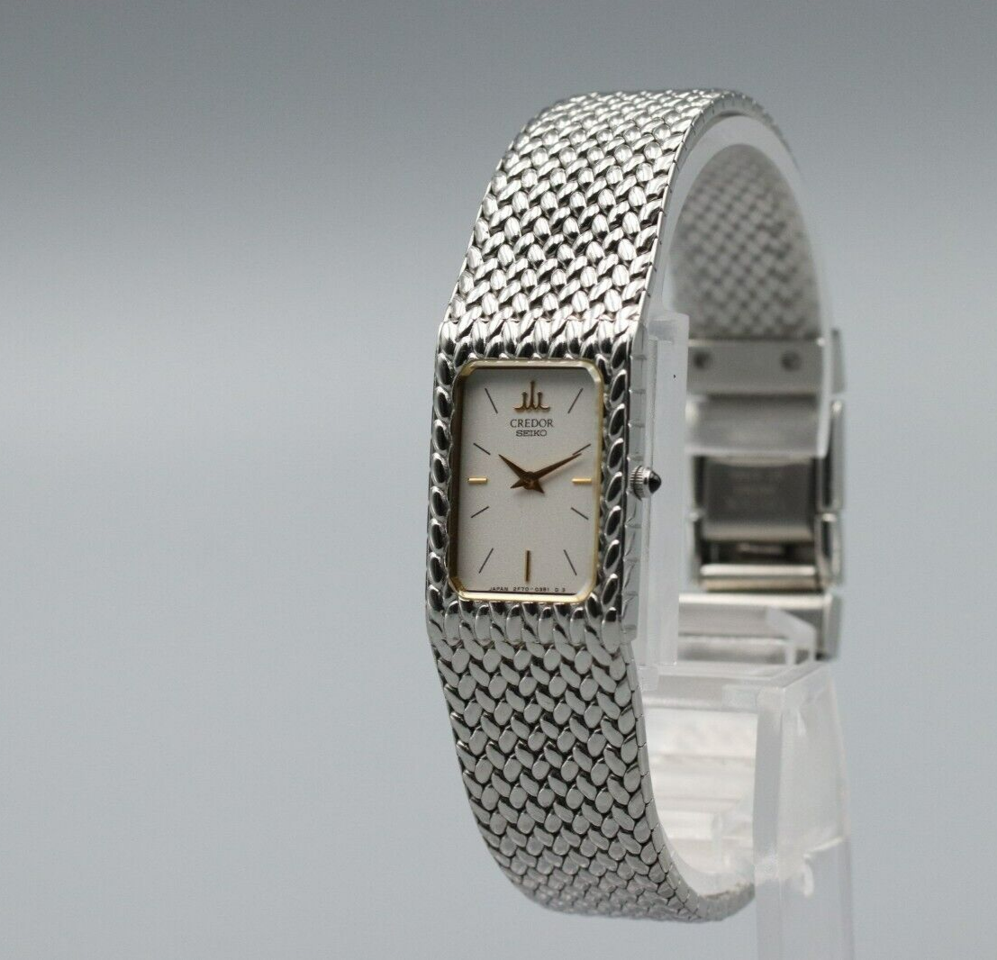 **N MINT* Vintage SEIKO Credor 2F70-5341 Quartz White Dial Rectangle Women Watch