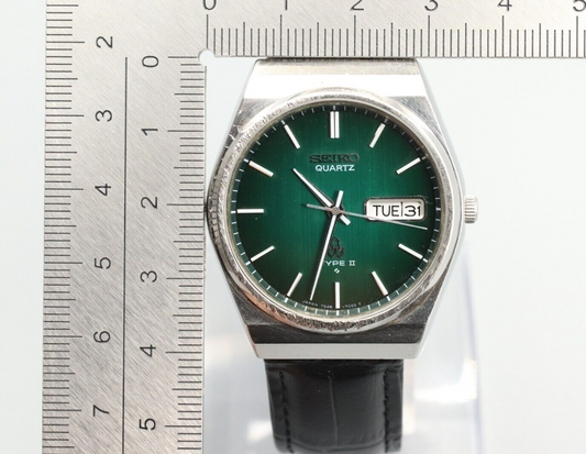 *Exc+5* Vintage SEIKO Type II 7546-700B Quartz Green Dial Round Mens Watch