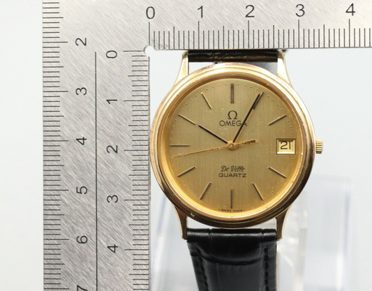 *Exc+5* Vintage OMEGA De Ville Cal.1332 Quartz Gold Dial Date Round Mens Watch