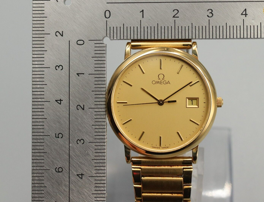 *MINT* Vintage OMEGA De Ville Cal.1430 Quartz Gold Dial Date Round Mens Watch