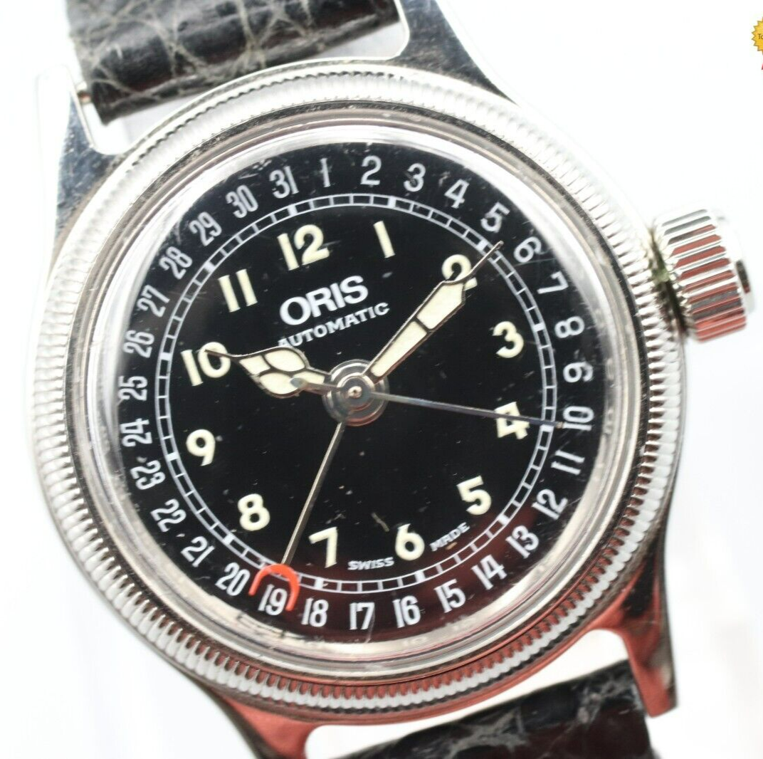 *NEAR MINT* Vintage ORIS Pointer Date Big Crown 7464 Automatic Black Women Watch