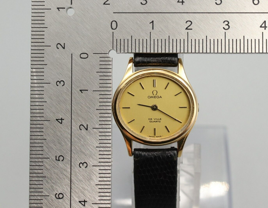 *NEAR MINT* Vintage OMEGA De Ville 591.0022 Quartz Gold Dial Round Women Watch