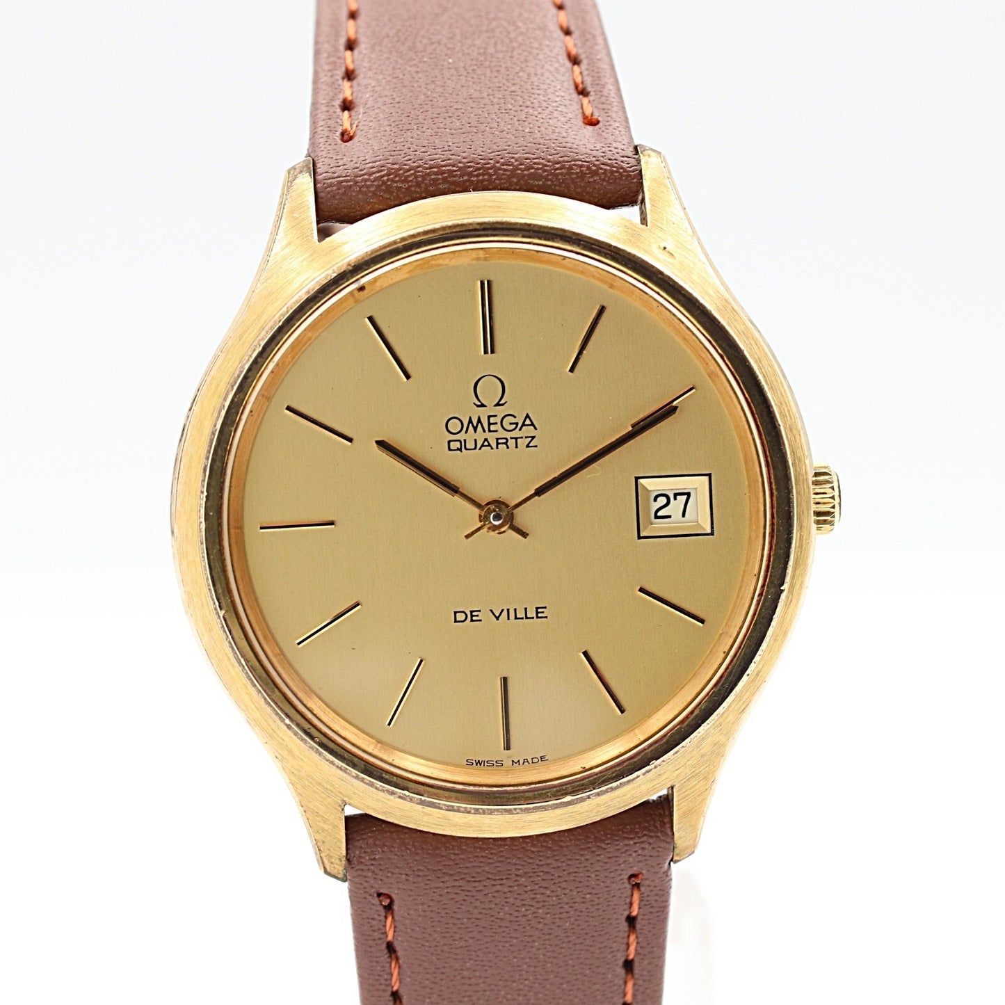 *Exc+5* Vintage 1980 OMEGA De Ville Cal.1325 Qz Gold Dial Round 35mm Mens Watch