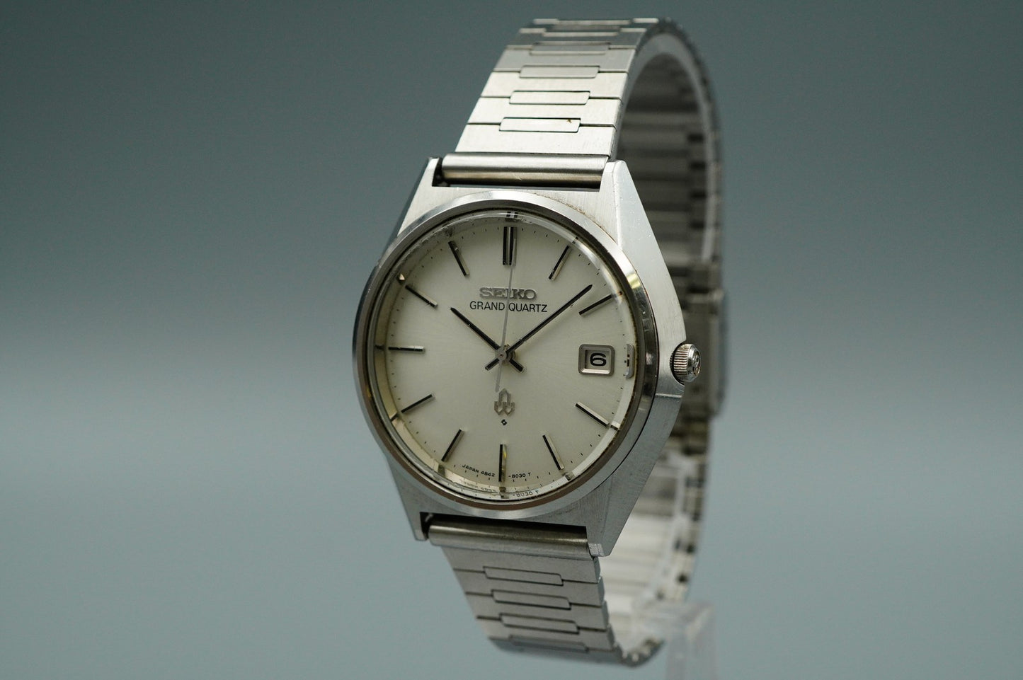 *NEAR MINT* Vintage SEIKO GRAND Quartz 4842-8041 Silver 36mm Mens Watch