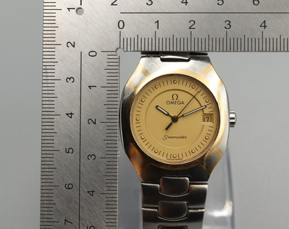 *Exc+5* Vintage OMEGA Seamaster 200m Cal.1438 Quartz Gold Dial Round Mens Watch