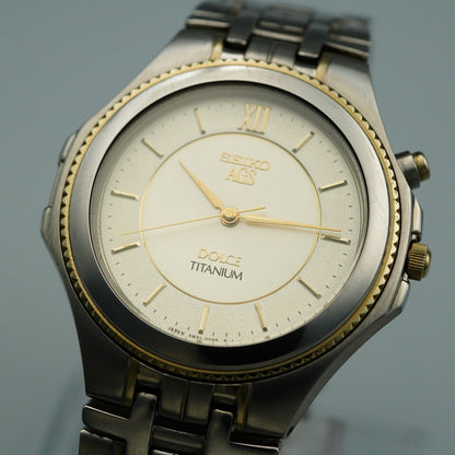 *N MINT* SEIKO DOLCE 4N21-0010 Titanium Quartz Gold Dial Round 35mm Mens Watch