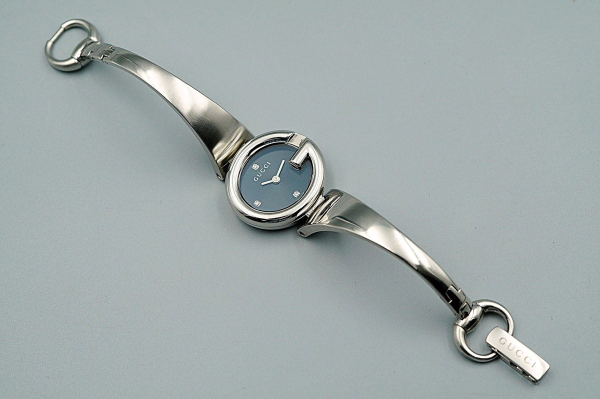 *NEAR MINT* Gucci 3P Diamond 134.5 Quartz Black Round 27mm Women Watch
