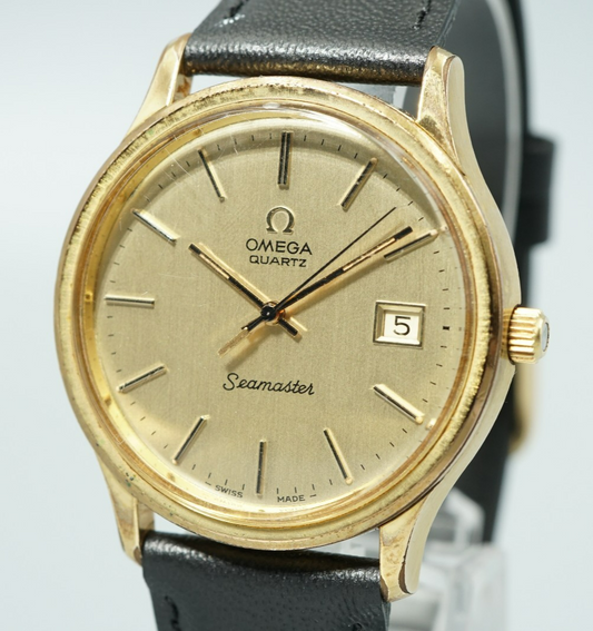*Exc+5* Vintage 1977 OMEGA Seamaster Cal.1342 Qz Gold Dial Round 35mm Mens Watch