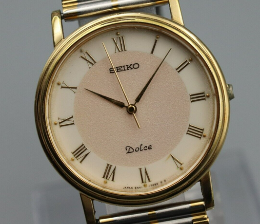 New Batt*Exc+5* Vintage SEIKO Dolce 8N41-7030 Quartz White Dial Round Mens Watch