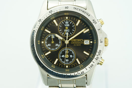 *Exc+5*  SEIKO Chronograph 7T92-0DW0 Quartz Black Dial Round 38mm Mens Watch