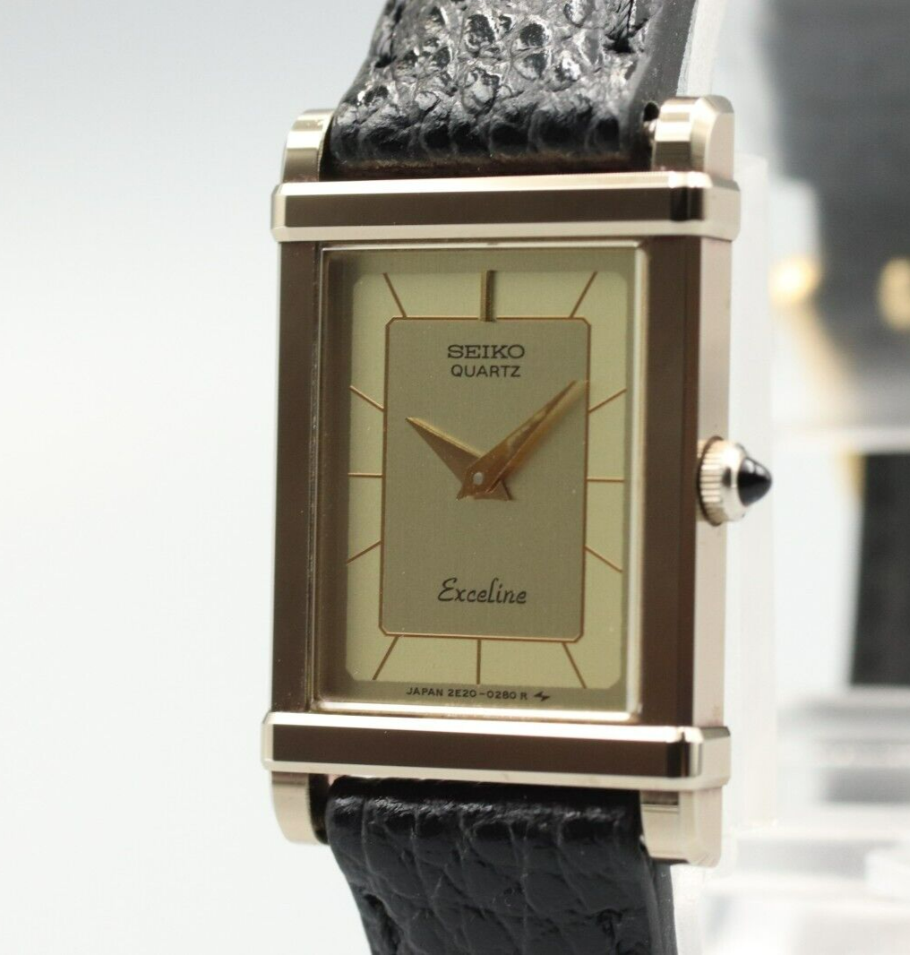 *MINT* Vintage SEIKO Exceline 2E20-5190 Quartz Gold Dial Tank Women Watch