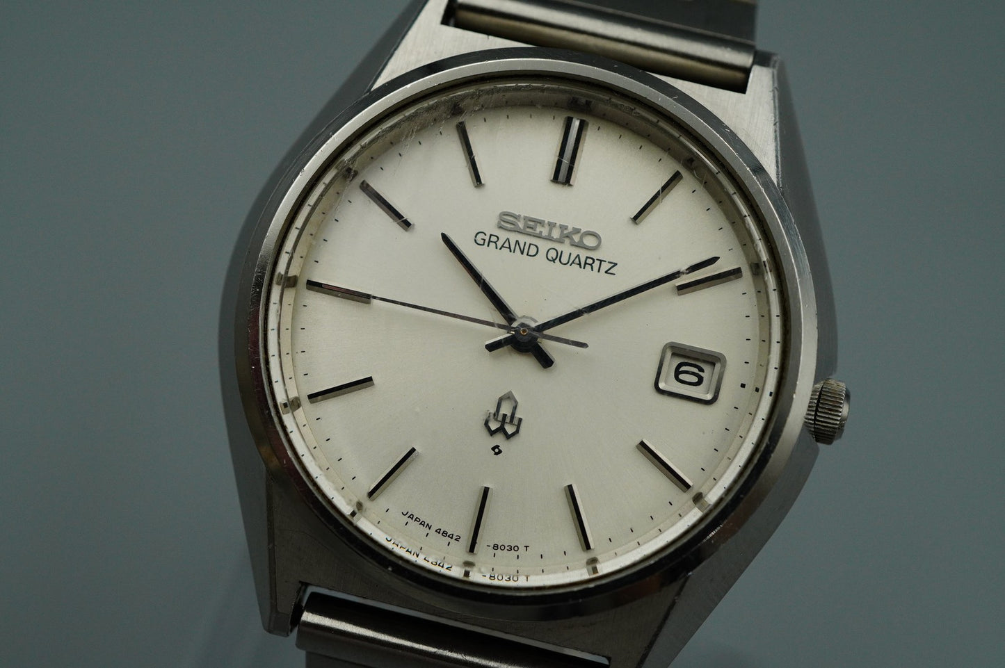 *NEAR MINT* Vintage SEIKO GRAND Quartz 4842-8041 Silver 36mm Mens Watch