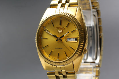 *Exc+5* Vintage SEIKO 5 7S26-0500 Automatic Day Date 21J Gold Dial Mens Watch