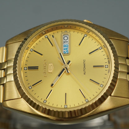MINT Vintage 1990s SEIKO SEIKO 5 7S26-0500 Automatic Gold Round 36mm Mens Watch