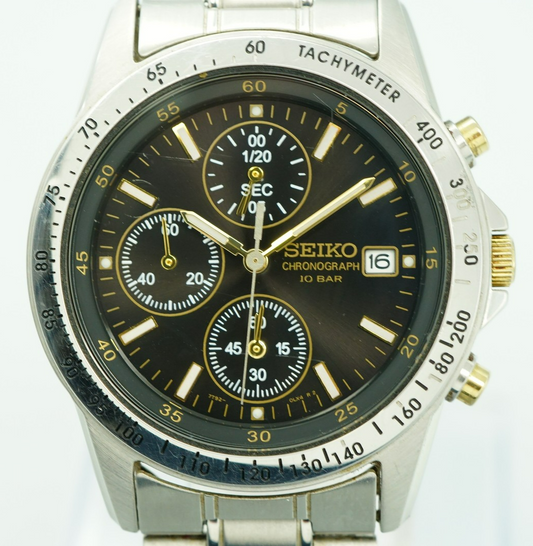 *Exc+5*  SEIKO Chronograph 7T92-0DW0 Quartz Black Dial Round 38mm Mens Watch