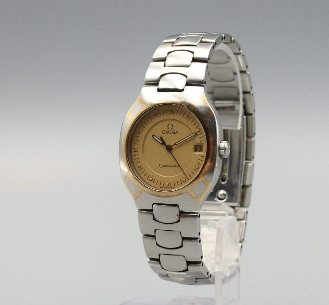 *Exc+5* Vintage OMEGA Seamaster 200m Cal.1438 Quartz Gold Dial Round Mens Watch