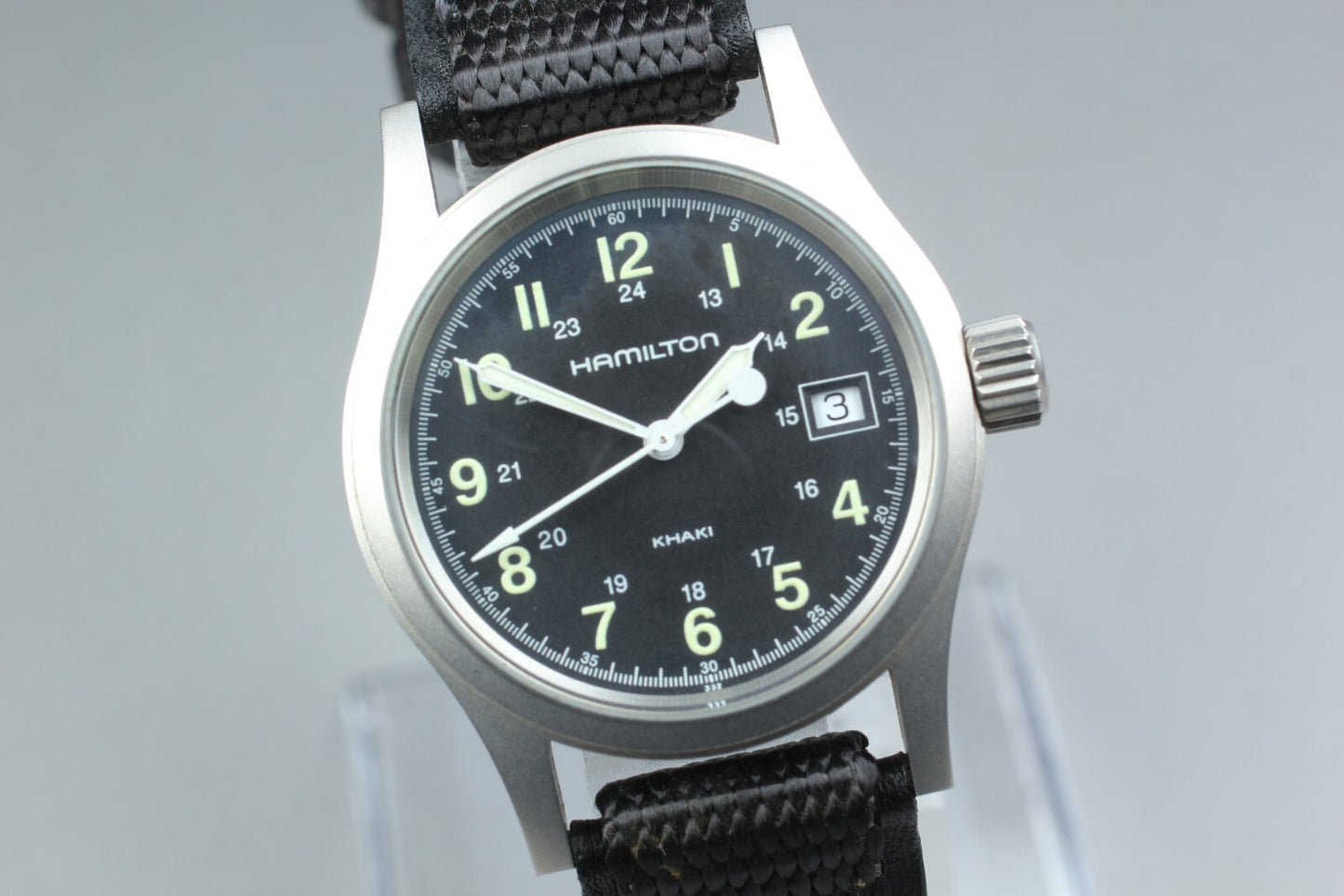*TOP MINT* HAMILTON KHAKI H683110 Quartz Black Dial Date Round 33mm Mens Watch