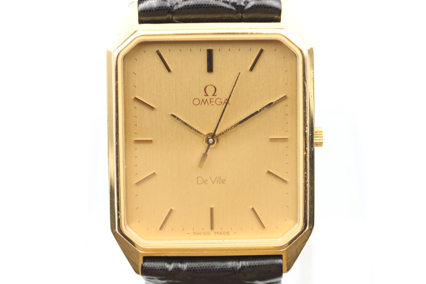 *N MINT* Vintage OMEGA De Ville Cal.1417 Qz Gold Dial Rectangle 24mm Women Watch