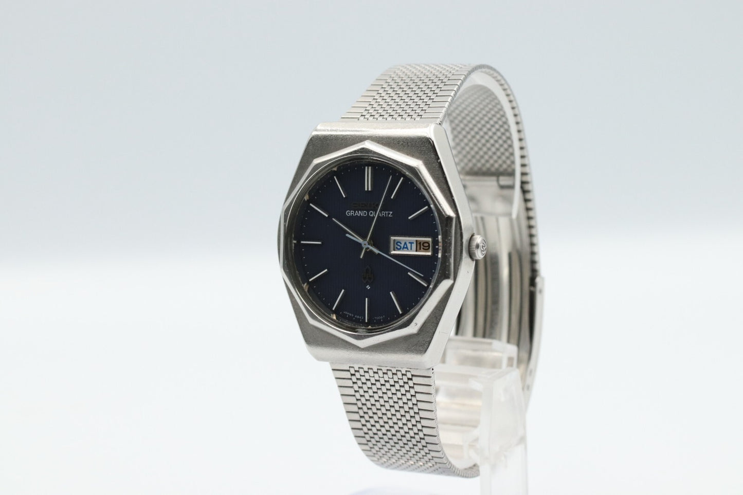 Rare *N MINT* Vintage SEIKO GRAND Quartz 4843-7000 Navy Dial Day Date Mens Watch