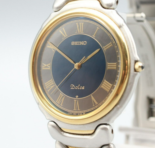 *NEAR MINT* Vintage SEIKO Dolce 5E31-6A20 Quartz Black Dial Round Mens Watch