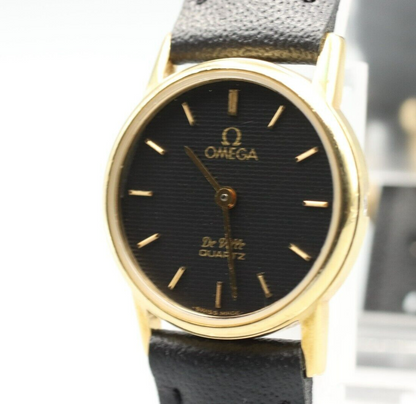 *NEAR MINT* Vintage OMEGA De Ville Cal.1387 Quartz Black Dial Round Women Watch