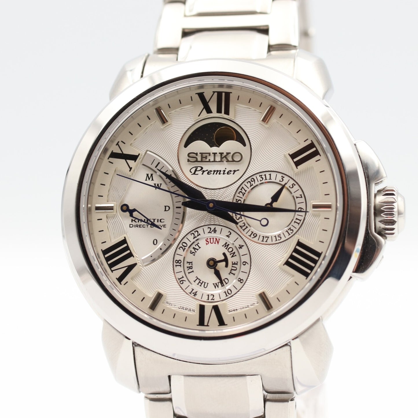 *MINT* SEIKO Premier Kinetic Moon Phase 5D88-0AH0 Quartz White 42mm Mens Watch
