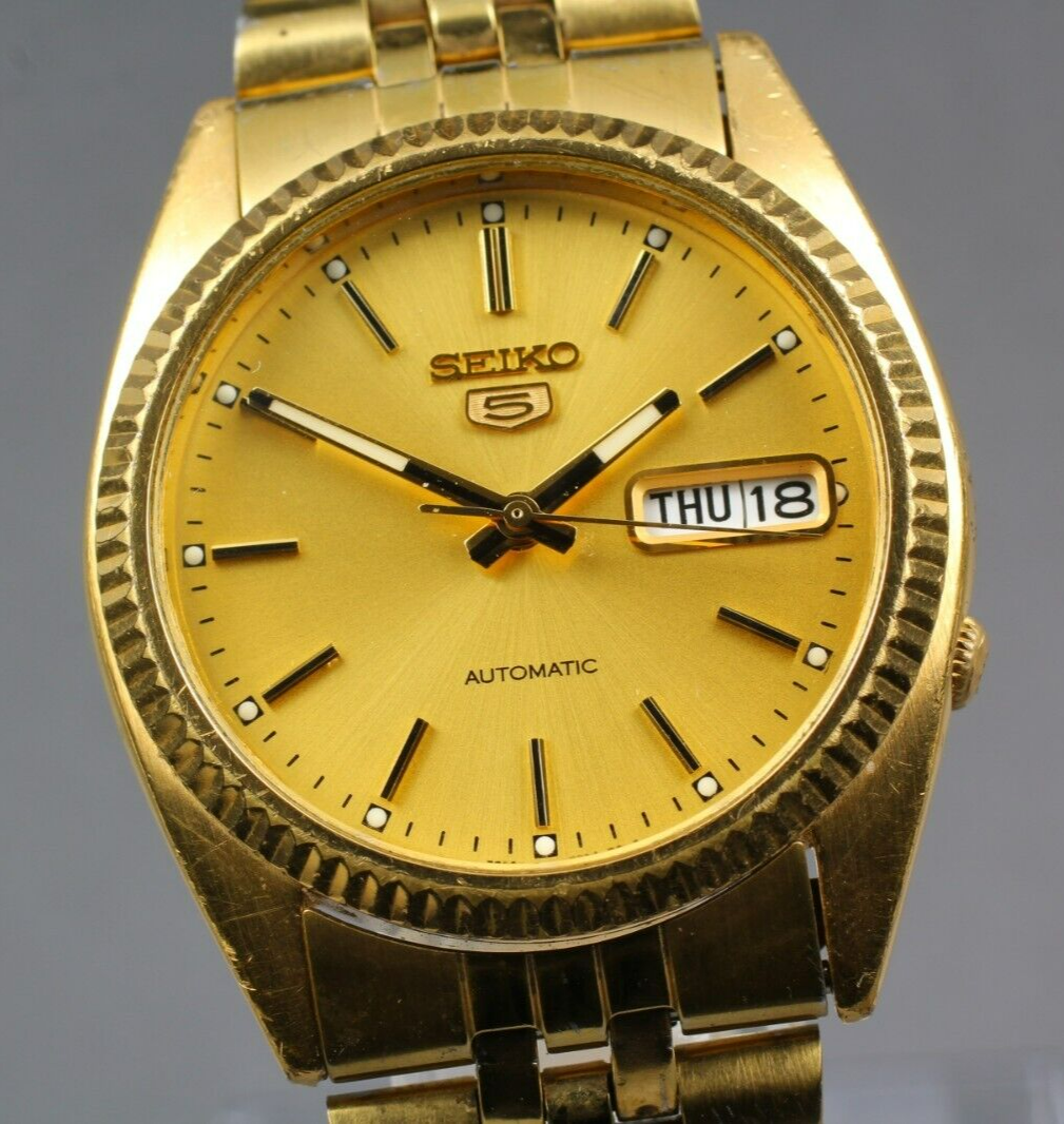*Exc+5* Vintage SEIKO 5 7S26-0500 Automatic Day Date 21J Gold Dial Mens Watch
