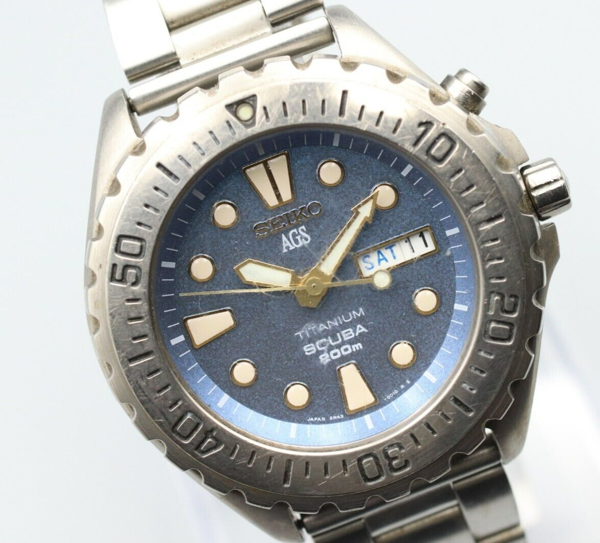 *Exc+4* Vintage SEIKO AGS TITANIUM SCUBA 200m 5M43-0010 Quartz Blue Mens Watch