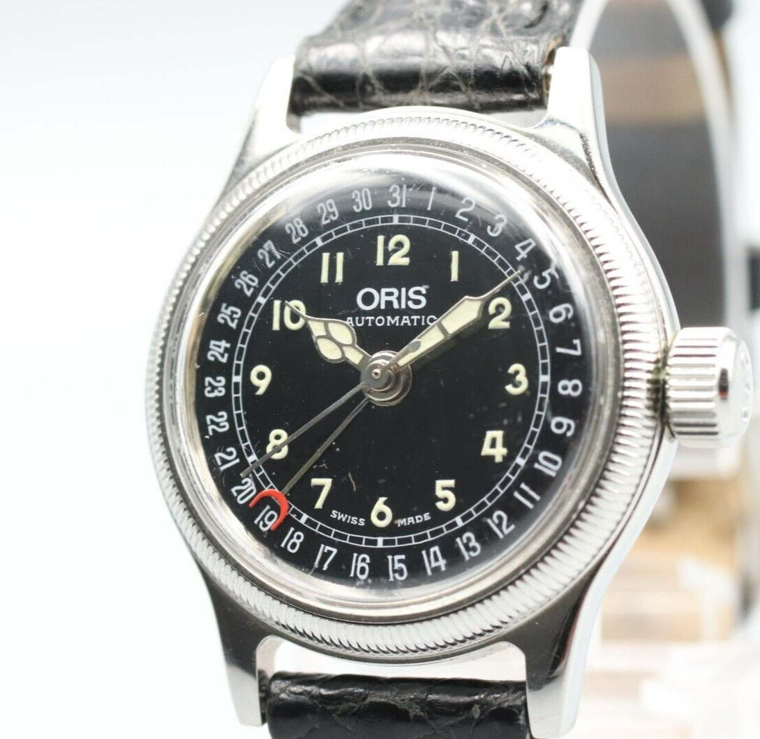 *NEAR MINT* Vintage ORIS Pointer Date Big Crown 7464 Automatic Black Women Watch