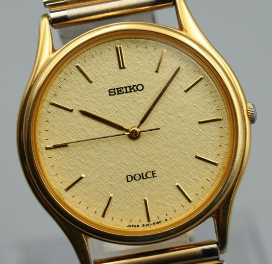 *MINT* Vintage SEIKO Dolce 8J41-6100 Quartz Gold Dial Round Mens Watch JAPAN