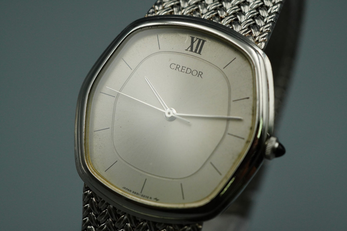 N MINT Vintage SEIKO CREDOR 5931-5230 Quartz Silver Dial Hexagon 30mm Mens Watch