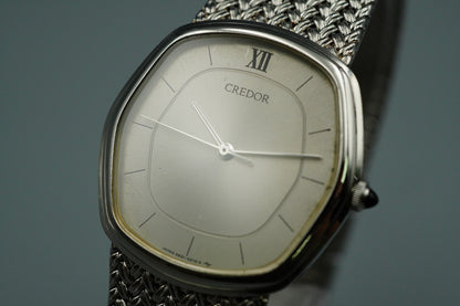 N MINT Vintage SEIKO CREDOR 5931-5230 Quartz Silver Dial Hexagon 30mm Mens Watch