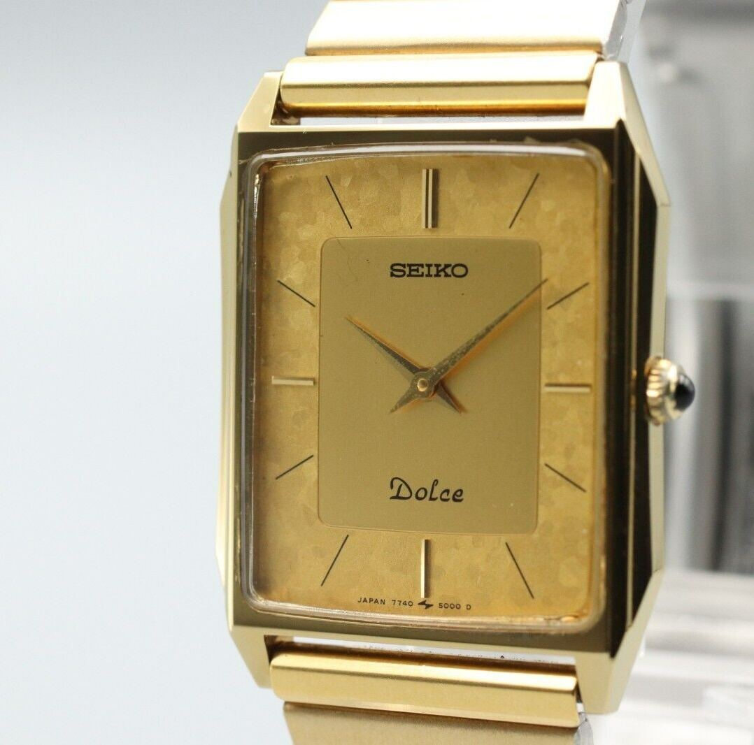 *MINT* Vintage SEIKO Dolce 7740-5000 Quartz Gold Dial Rectangle Mens Watch