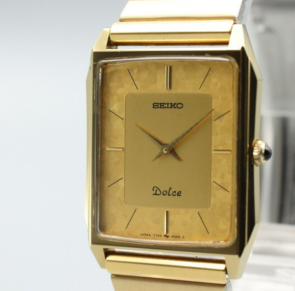 *MINT* Vintage SEIKO Dolce 7740-5000 Quartz Gold Dial Rectangle Mens Watch
