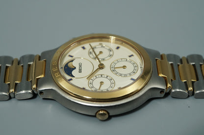 Vintage 1988 SEIKO Presage Moonphase 7F38-6040 Quartz White 35mm Mens Watch