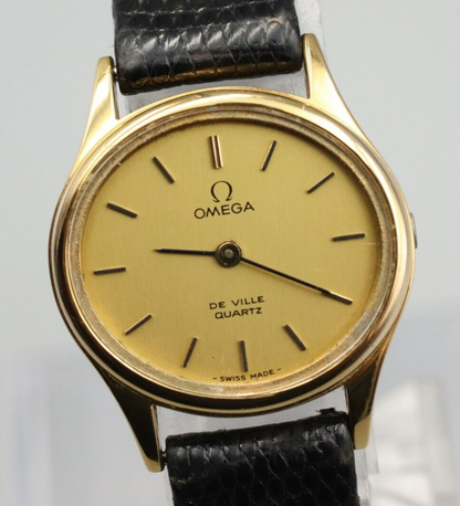 *NEAR MINT* Vintage OMEGA De Ville 591.0022 Quartz Gold Dial Round Women Watch